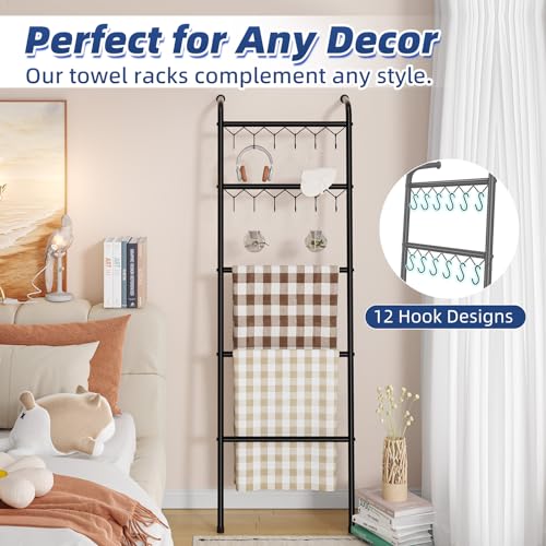 Simple Trending Blanket Ladder, 5 Tier Metal Towel Rack with 12 Hooks, 79'' Metal Style Decorative Ladder for Living Room Bedroom Bathroom Home Decor, Black