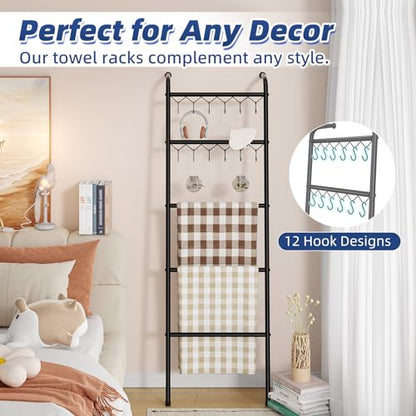 Simple Trending Blanket Ladder, 5 Tier Metal Towel Rack with 12 Hooks, 79'' Metal Style Decorative Ladder for Living Room Bedroom Bathroom Home Decor, Black