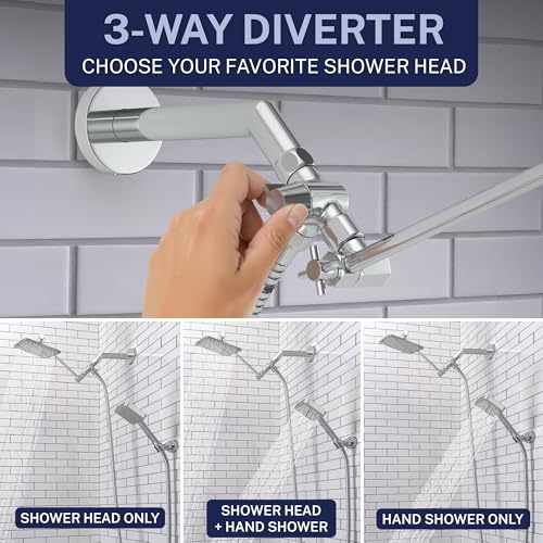 HammerHead® Solid Metal Dual Shower Head Combo — 8" Square Rain Shower Head with Handheld, 12" Adjustable Arm & Wall-Mount Holder for Flexible Installation — Chrome