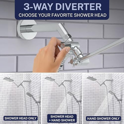HammerHead® Solid Metal Dual Shower Head Combo — 8" Square Rain Shower Head with Handheld, 12" Adjustable Arm & Wall-Mount Holder for Flexible Installation — Chrome