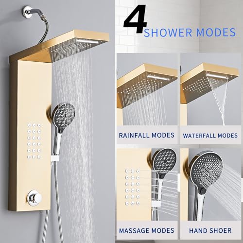 Shower Panel Tower System,Rain Shower Head Rainfall | Waterfall Shower,Handheld High Pressure Rain Massage System(Gold) - color: Gold, style: Normal
