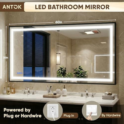 Antok 60X30 LED Bathroom Mirror with Lights, Vanity Mirror for Wall with Black Frame, Touch Control, Anti-Fog, Dimmable Lights, Shatter-Proof, Memory Function, Wall-Mounted Vanity Mirrors - size: 60"L x 30"W