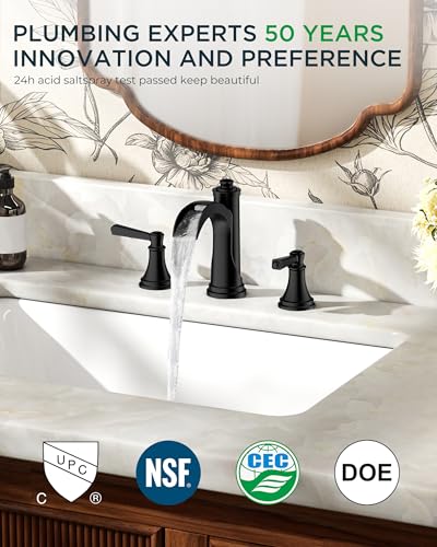 FORIOUS Black Waterfall Bathroom Faucet 3 Holes Vanity, Widespread Faucet | FORIOUS Brass Black Faucet Bathroom 3 Hole, Wide 2 Handle 8 Inch Matte Black Bathroom Sink Faucet Waterfall with Metal Drain - color: Matte Black