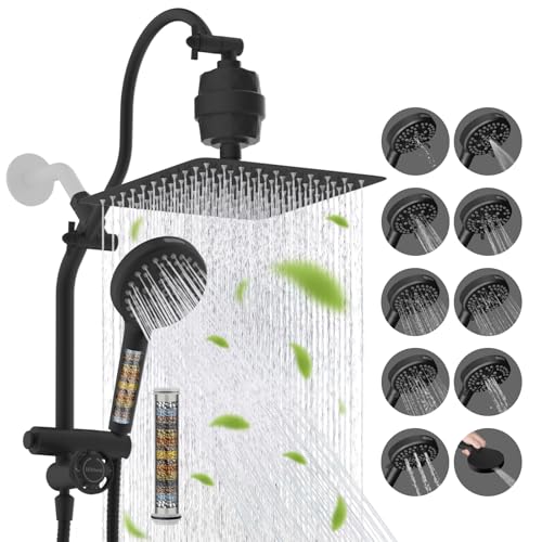 Hibbent 10" Dual Filtered 10" Rainfall Shower Head with Handheld 10-Spray | High Pressure Metal Matte Black Showerhead Combo with Filter, Extension Arm with 4-way Diverter, 71'' Shower Hose & Holder - color: Matte Black, style: Square 10" with filter