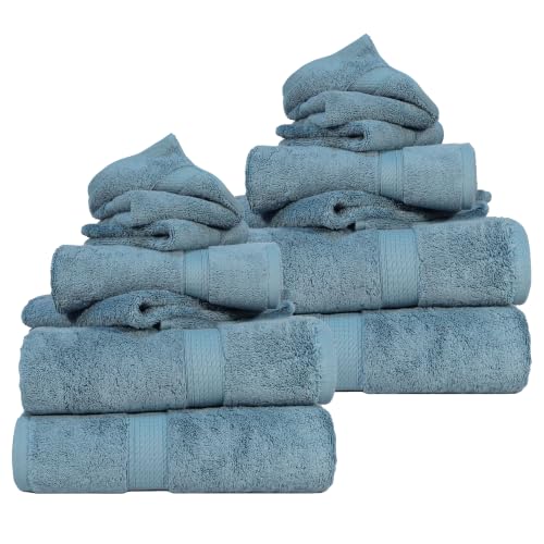 SUPERIOR Egyptian Cotton Ultra Plush & Absorbent, 12 Piece Set, Denim Blue | Heavyweight 12 Pc Egyptian Cotton Towel Set Includes 4 Bath Towels 4 Hand Towels 4 Washcloths Decorative Rope Border - color: Denim Blue, size: 12 Piece Towel Set