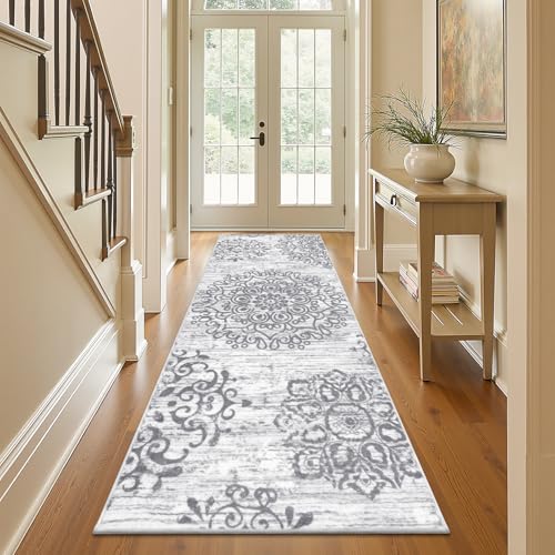 HEBE Hallway Runner Rug 3'x8', Washable Non Slip Kitchen Rug Runner | Soft Boho Bedroom Runner Rug, Vintage Distressed Low-Pile Floor Carpet Runners for Hallway, Entrance, Bathroom, Laundry - color: Grey, size: 3' x 8' (Rectangular)
