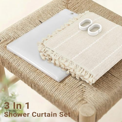 BTTN 3 in 1 Shower Curtain with Liner, 90 Inch Extra Long Boho Linen Striped Shower Curtain Set with Hook, Tall Modern Farmhouse Bohemian Waterproof Shower Curtain for Bathroom, Cream/Beige, 72x90 - color: Cream With Liner, size: 72"W x 90"L (Pack of 1)