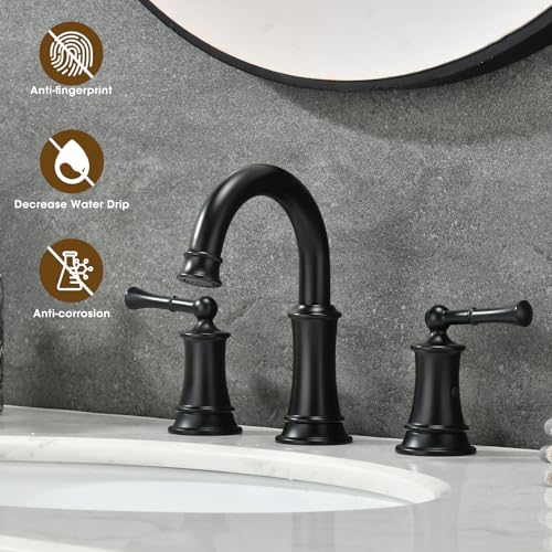 Black Bathroom Faucet, 8 Inch Bathroom Sink Faucet | with Pop-up Drain Assembly, Widespread Bathroom Faucet with cUPC Supply Lines for Vanity, Lavatory RV Farmhouse Sink - color: Black