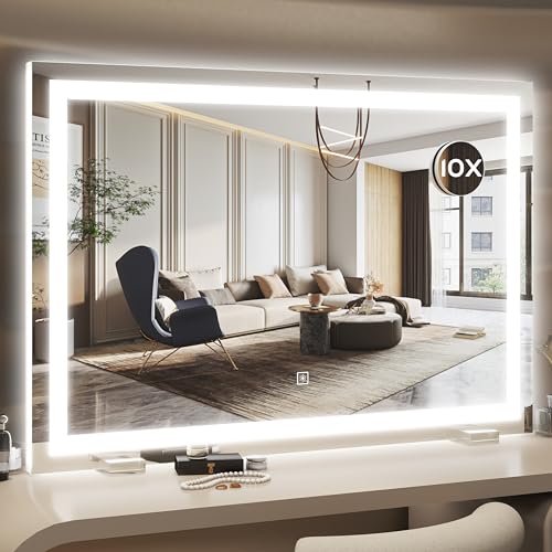 HNV 32"x22" Large Lighted Vanity Mirror, 3-Color Dimmable LED Makeup Mirror with Power Adapter, Sturdy Tabletop or Wall-Mounted Mirror, White - color: White, size: 32"L x 22"W