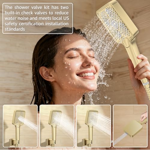 Shower System Modern Rain 8 inches Brass Faucet Set With Valve and Diverter Shower Mixer With Handheld High Pressure Square Rainfall Shower Valve (8'' Wall Mount, Brushed Gold) - color: Brushed Gold, style: 8'' Wall Mount