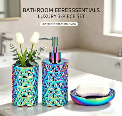 Rainbow Bathroom Accessories Set 3Pcs - Soap Dispenser, Soap Dish, Vase | Luxury Design Diamond Ceramic Bathroom Accessory Complete Set - Lotion Dispenser, Soap Dish,Vase for Countertop Vanity - color: Rainbow