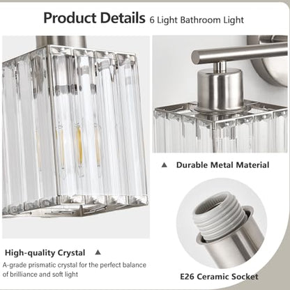 6 Light Bathroom Light Fixtures, Modern Crystal Vanity Lights over Mirror | Metal Frame, Bathroom Light with Square Crystal Shade, ETL Certified, E26 Ceramic Socket, Bulbs Not Included - color: Brushed Nickel, size: 6-Light