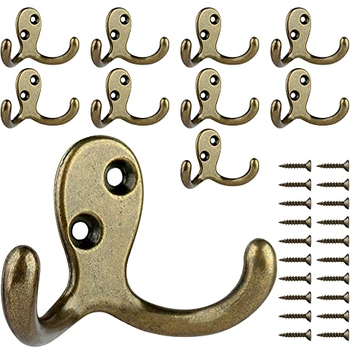IBosins 10 Pack Antique Brass Double Prong Coat Hooks for Coat, Scarf, Bag | Heavy Duty Retro Double Hooks Utility Hooks for Coat, Scarf, Towel, Key, Cap, Cup, Hat - color: 10 Pcs Antique Brass