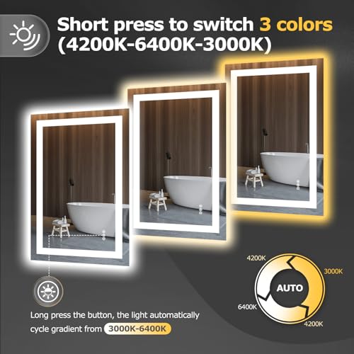 Hivone 24X36 LED Bathroom Mirror with Lights, Anti-Fog, Dimmable, Backlit + Front Lit, Smart Bathroom Vanity Mirror, Memory Function, Shatterproof, Tempered Glass (Horizontal/Vertical) - size: 24"L x 36"W