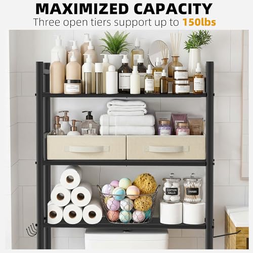 GloTika 3-Tier Over Toilet Storage, Anti-Tilt, 64" H, Black, 2 Baskets | Anti-Tilt Safety System, 150lb Capacity, Carbon Steel, Freestanding, No Drilling, Anti-Rust Coating, Paper Holder & 4 Hooks - color: Black-with 2 Basket, size: 3-Tier