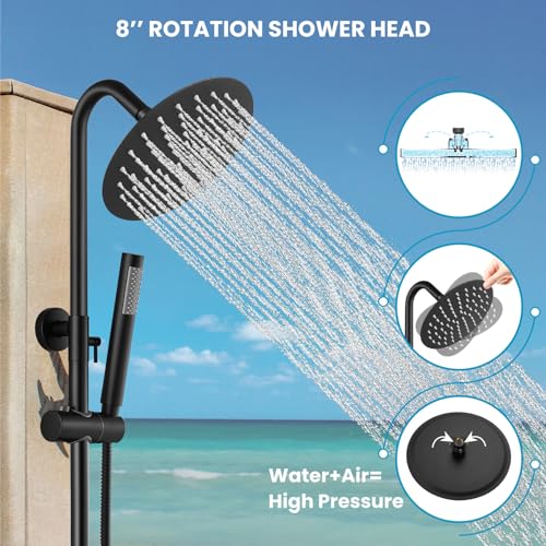 gotonovo 304 Stainless Steel Outdoor Shower Fixtures Exposed,Matte Black | 8 Inch Rain Showerhead with Handheld Sprayer Outdoor Outside Shower Kit System Faucet Head Valve Wall Mount for Pool Backyard - color: Black