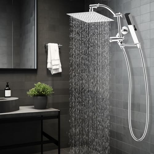 Hibbent All Metal CUPC Certified 8'' Rainfall Shower Head, Dual Shower Head Combo with 4 Handheld Sprays, High Pressure Shower Wand, 16'' Adjustable Extension Arm, 71'' Hose, Shower Holder, Chrome - color: Chrome, style: Square 8''