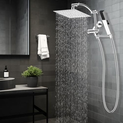 Hibbent All Metal CUPC Certified 8'' Rainfall Shower Head, Dual Shower Head Combo with 4 Handheld Sprays, High Pressure Shower Wand, 16'' Adjustable Extension Arm, 71'' Hose, Shower Holder, Chrome - color: Chrome, style: Square 8''