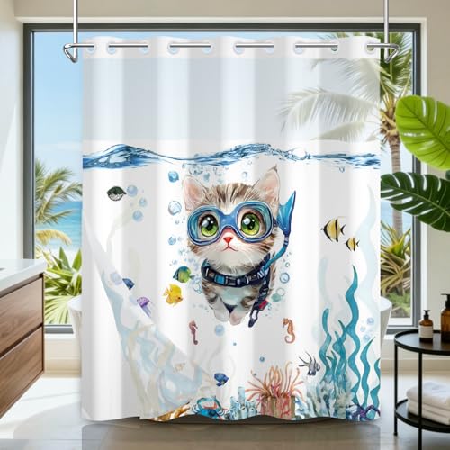 Ocean Shower Curtains for Bathroom, Cute Diving Cat No Hook Shower Curtain with Mesh Top Window and Detachable Liner, 71x74 Inch Waterproof Fabric Shower Curtain with Built-in Rings and Weighted Hem - color: Cat