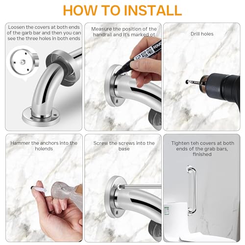 Shower Grab Bars for Bathroom, 12 Inch Handicap Grab Bars, 304 Stainless Steel Safety Bars for Shower and Bathtub, Shower Handle for Senior, Elderly, Handicap