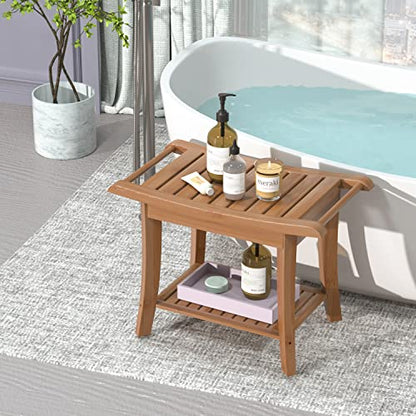 Bamboo Shower Stool Bench Waterproof with Storage Shelf for Shaving Legs or Spa Bath Seat in Bathroom & Inside Shower for Adults Seniors Elderly (24 x 13.4 x 18.5 inches+Walnut) - size: 24 x 13.4 x 18.5 inches+Walnut