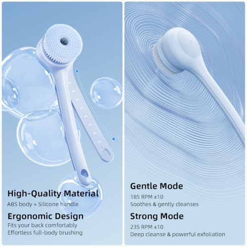 Electric Body Brush, Back Scrubber for Shower with Long Dual Handle, Waterproof Power Shower Brush with 3 Interchangeable Heads & 2 Speeds for Cleansing, Exfoliating and Massage, Sky Blue - color: Sky Blue