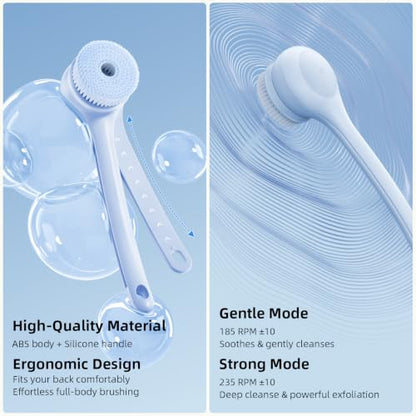 Electric Body Brush, Back Scrubber for Shower with Long Dual Handle, Waterproof Power Shower Brush with 3 Interchangeable Heads & 2 Speeds for Cleansing, Exfoliating and Massage, Sky Blue - color: Sky Blue