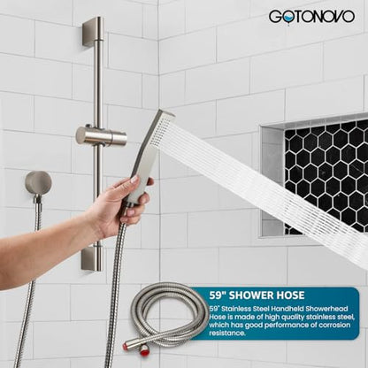 gotonovo 12 Inch Bathroom Shower Faucet Set with Slide Bar Brushed Nickel | SUS304 Rainfall Shower Head with Handheld Sprayer Combo,Rough-in Valve Trim Kit Complete,Adjustable Handheld Height,All Metal - color: Nickel