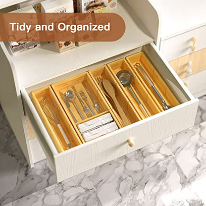 DUJEN 5 pieces Bamboo Drawer Organizer, Adjustable 3 Individual Junk Drawer organizer for Bathroom and Kitchen, Wood Drawer Organier Boxes for Jewellery, Make up and Tea Bag - size: 1 piece 12.5X6.2 & 4 pieces 12.5X3.1