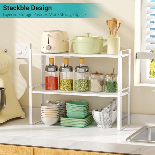 2 Pack Expandable Cabinet Organizer Shelves, 88lbs High Weight Capacity, Stackable Heavy-Duty Metal Storage Rack, Adjustable Cabinet Shelf for Kitchen, Pantry, Cupboard, Under Sink, White - color: White