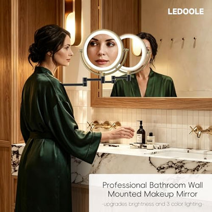 Lighted Magnifying Makeup Mirror Wall Mounted, 1/11X, Brushed Moderne Brass | 3 Color LED Lighting, Touch Dimming, Memory Function, Double Sided 8" Bathroom Vanity, Extension Arm 361 Rotation, Hardwired - color: Matte Black With Brushed Moderne Brass