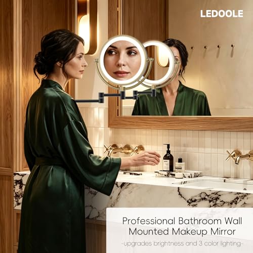 Lighted Magnifying Makeup Mirror Wall Mounted, 1/11X, Brushed Moderne Brass | 3 Color LED Lighting, Touch Dimming, Memory Function, Double Sided 8" Bathroom Vanity, Extension Arm 361 Rotation, Hardwired - color: Matte Black With Brushed Moderne Brass