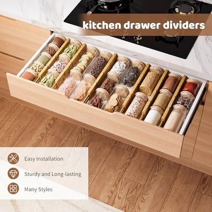 Bamboo Drawer Dividers with Inserts kitchen drawer organizer Adjustable Expandable 8 Pack Organizer Set for Kitchen Bedroom Bathroom Office 8 Dividers with 16 Inserts (Natural, Small (14-19IN))