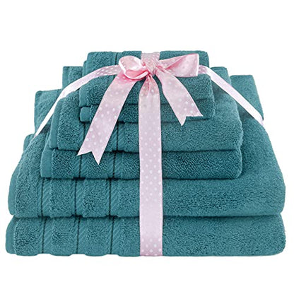 American Soft Linen 100% Carde Cotton 6 Piece Towel Set, 590 GSM Heavy Weight Soft Absorbent Turkish Towels for Bathroom, Teal Green - color: Colonial Blue