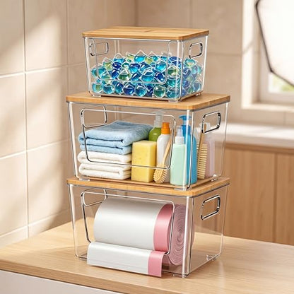 spospo 3 Pack Trash Bag Holder with Bamboo Lid Stackable Trashbag Dispenser | Extra Large Garbage Bag Holder for Kitchen Laundry Room Under Sink Organization and Storage - size: 3 Pack