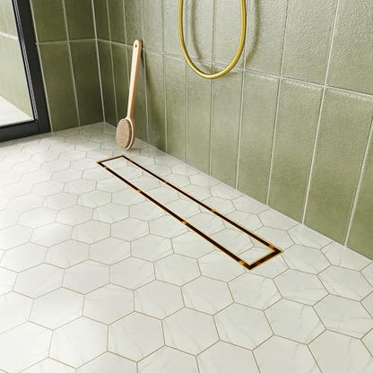 Neodrain 18-Inch Linear Shower Drain-Gold,with Tile Insert Grate | 304 Stainless Steel, Fast Drainage, Rectangle Shower Floor Drain with Leveling Feet & Hair Strainer, Fits Bathroom, Balcony - color: Gold, size: 18 IN
