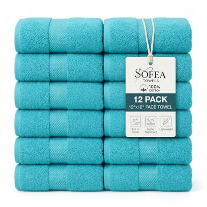Sofea 100% Cotton Washcloths Set of 12, (12 x 12 Inch) 520 GSM Wash Cloths, Extra Soft Absorbent Quick Dry Face Towels - color: Aqua Green