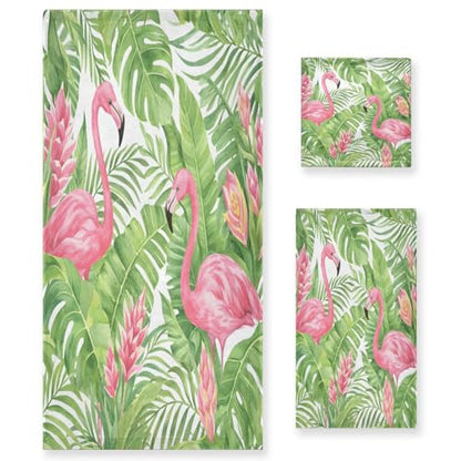 ALAZA Towel Bathroom Sets, Pink Flamingo Tropical Leaves On White Towels 3-Piece 1 Bath Towel 1 Washcloth 1 Hand Towel, Bath Towel Set of 3 Soft Multifuntion for Home Kitchen Hotel Gym Swim Spa - color: Multi01