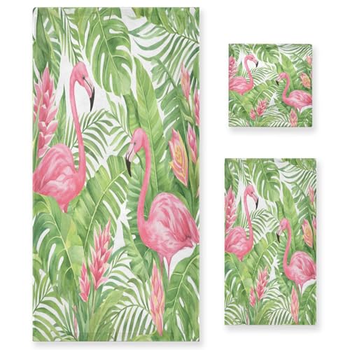 ALAZA Towel Bathroom Sets, Pink Flamingo Tropical Leaves On White Towels 3-Piece 1 Bath Towel 1 Washcloth 1 Hand Towel, Bath Towel Set of 3 Soft Multifuntion for Home Kitchen Hotel Gym Swim Spa - color: Multi01