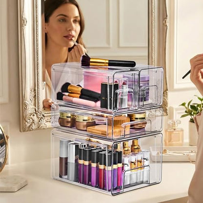 Sorbus Clear Stackable Storage Drawers, 4-Piece Set 1 Large, 1 Medium & 2 Small Pull-Out Plastic Organizer Bins with Handles for Bathroom, Closet, Pantry, Cabinet & Medicine Storage - size: Complete Set