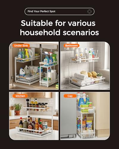 3-Pack 2-Tier Height Adjustable Under Sink Organizer, White | Multi-purpose metal storage shelf with sliding shelves for kitchen, bathroom, pantry & laundry cabinet - color: White