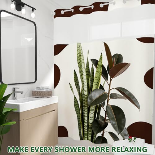 No Hook Waterproof Shower Curtains with Snap in Liner, Modern Minimalist Plant Fabric Shower Curtain with Weighted Hem and Sheer Top Window, Cow Print 3 in 1 Shower Curtain for Home, 71x74 Inches - color: Modern Minimalist Greenery