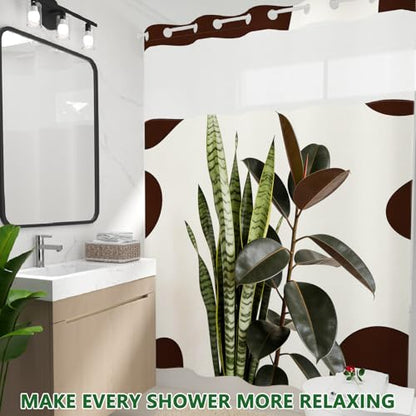 No Hook Waterproof Shower Curtains with Snap in Liner, Modern Minimalist Plant Fabric Shower Curtain with Weighted Hem and Sheer Top Window, Cow Print 3 in 1 Shower Curtain for Home, 71x74 Inches - color: Modern Minimalist Greenery