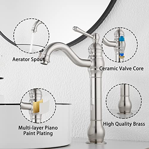 360° Swivel Single Handle One Hole Bathroom Vessel Sink Faucet Matching Pop Up Drain Without Overflow Brushed Nickel - color: Brushed Nickel, size: Vessel