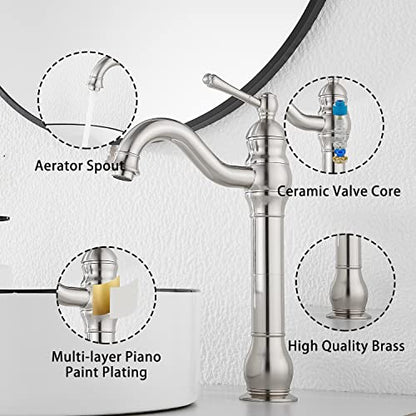 360° Swivel Single Handle One Hole Bathroom Vessel Sink Faucet Matching Pop Up Drain Without Overflow Brushed Nickel - color: Brushed Nickel, size: Vessel