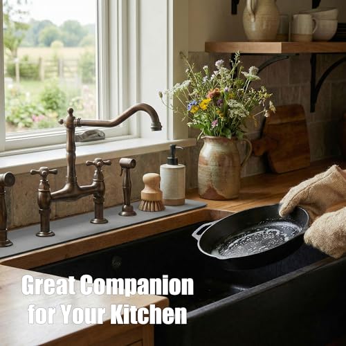 Cuttable Kitchen Sink Faucet Mat: 24" Lx5.5 W Splash Guard with Center Hole | Customizable Absorbent Non-slip Fabric Rubber Mat, Cut to Fit 2,3,4 Holes Irregular Sink with Soap Dispenser Air Gap - size: 24''Lx5.5''W