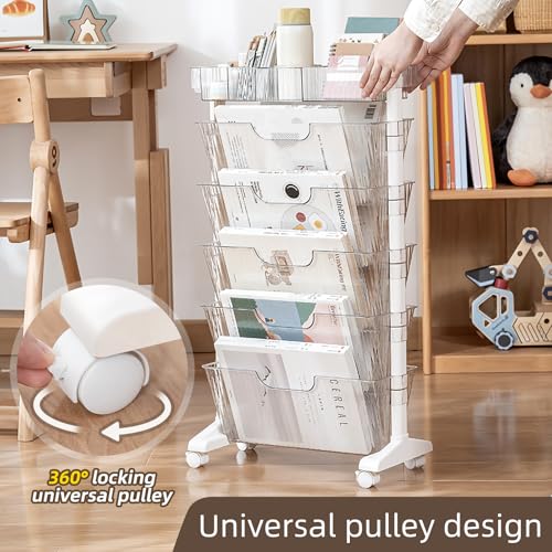 5 Tier Rolling Book Cart Multi-Functional Movable Storage Bookshelves | rolling bookshelf,Movable Storage Bookshelves with Lockable Wheels for Study Office Library Classroom, - color: Transparent White
