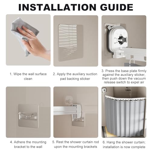 Wall Mounted Folding Shower Curtain, Punch-Free Suction Cups Folding Shower Curtain Rod, Adjustable Heavy Duty Shower Rod with Curtains for Bathroom Bathtub(Gray,4-Folds (Curtain 1.8m x 2m)) - color: Gray, size: 4-Folds (Curtain 1.8m x 2m)