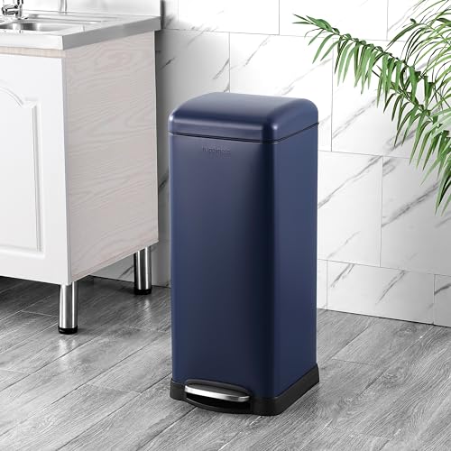 happimess Betty 8 Gal Step Trash Can Soft-Close Lid, Denim Blue | Removable Liner, Semi-Rectangular, Steel Pedal, Iron Powder Coated, 27" Height, Non-Skid Base - color: Denim Blue