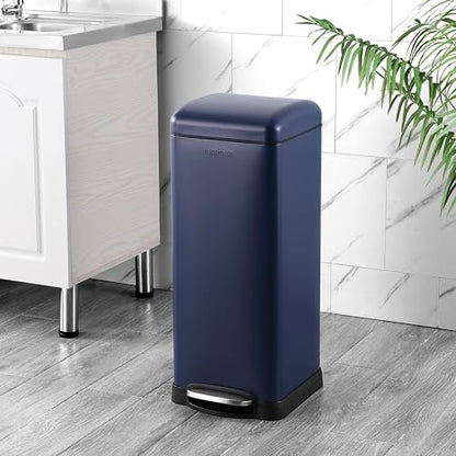 happimess Betty 8 Gal Step Trash Can Soft-Close Lid, Denim Blue | Removable Liner, Semi-Rectangular, Steel Pedal, Iron Powder Coated, 27" Height, Non-Skid Base - color: Denim Blue